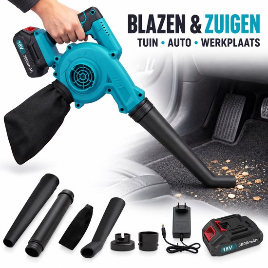 Draadloze Bladblazer met Accu – Handblazer en Bladzuiger 2-in-1 – Complete Set met 2 Accu’s, Opvangzak en Accessoires – Voor Bladeren, Stof en Autoreiniging