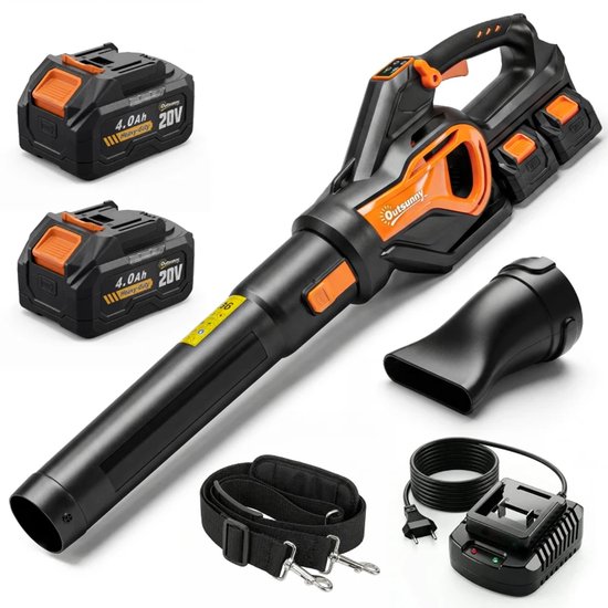 Draadloze Elektrische Bladblazer & Stofzuiger - 20V met 2 x 4,0Ah Accu's & Oplader - Turbofunctie - 900W - 162,7 km/u Blaassnelheid - Oranje + Zwart