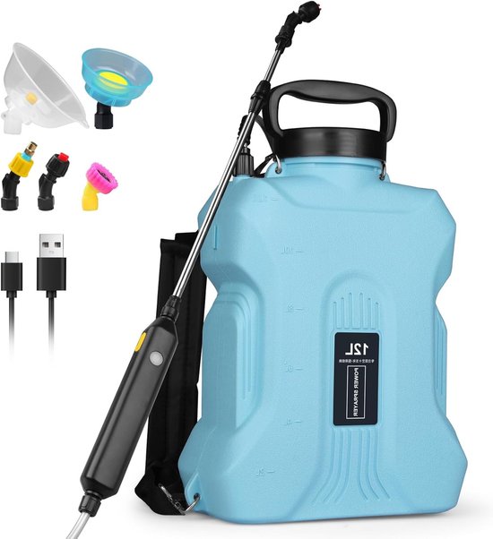 Draadloze elektrische drukspuit van 12 liter met hoge drukpomp, oplaadbare batterij, 4 spuitmonden en telescopische steel voor planten, onkruidbestrijding en irrigatie