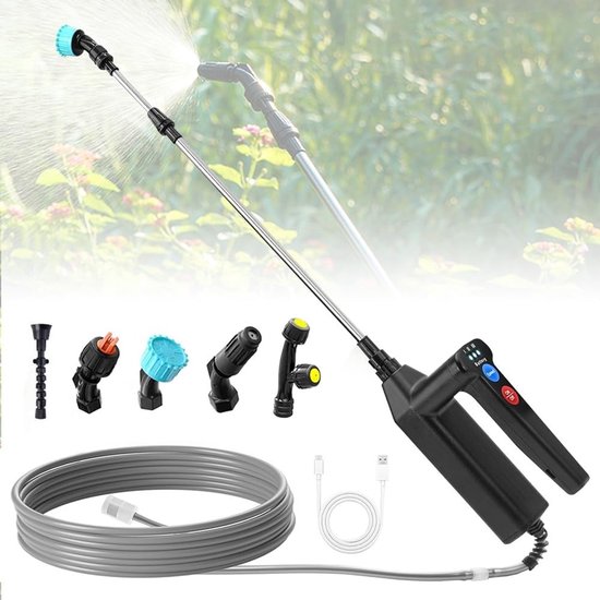 Draadloze elektrische drukspuit voor planten, 8 m bereik, 5 spuitmonden, 3 instelbare niveaus en batterij-indicator, oplaadbare USB, ideaal voor tuin, gazon en terras. van Merkloos	