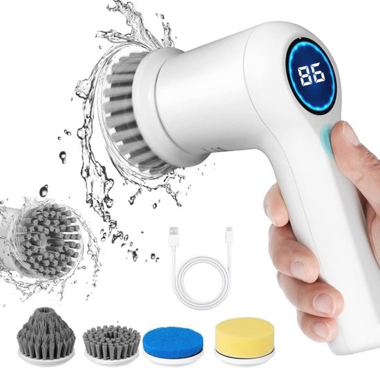 Draadloze elektrische reinigingsborstel met verwisselbare borstelkoppen voor diepe reiniging van tegels, voegen, en vloeren van Merkloos	