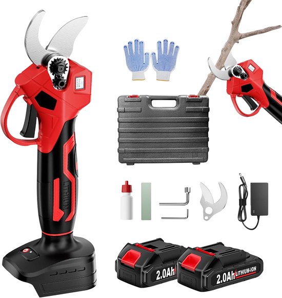 Draadloze elektrische snoeischaar - 40 mm accu - snoeischaar met snijdiameter - 21 V - 2000 mAh batterijen en reservemesjes - 6-8 werkuren - takkenschaar voor wijnschaar - boomschaar - rozenschaar - tuinwerk en snoeiwerk van Merkloos	