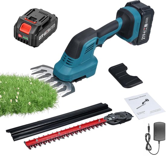 Draadloze Gras- en Heggenschaar - 2-in-1 Elektrische Tuinschaar 21V - 4000 mAh Accu - 2 Verwisselbare Snijbladen - 90° Draaibare Kop - Dubbele Veiligheidsvergrendeling - Voor Gras, Heggen, Struiken en Tuinonderhoud