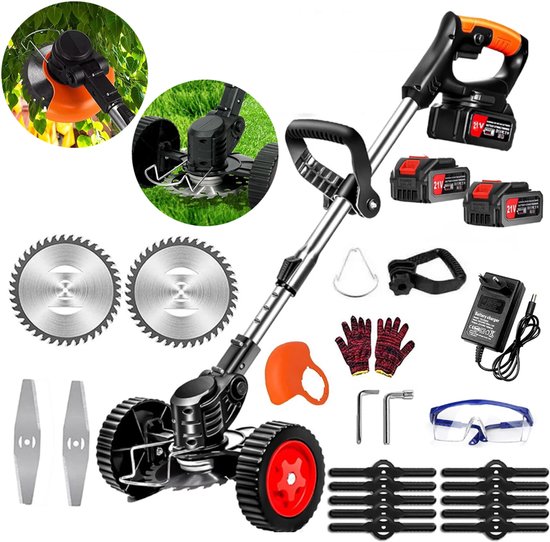 Draadloze grasmaaier met 21V-accu (4,0 Ah) - Handgrasmaaier - Elektrische trimmer - Klein multifunctioneel - Telescopisch - 125 cm - 4000 mAh - Oranje