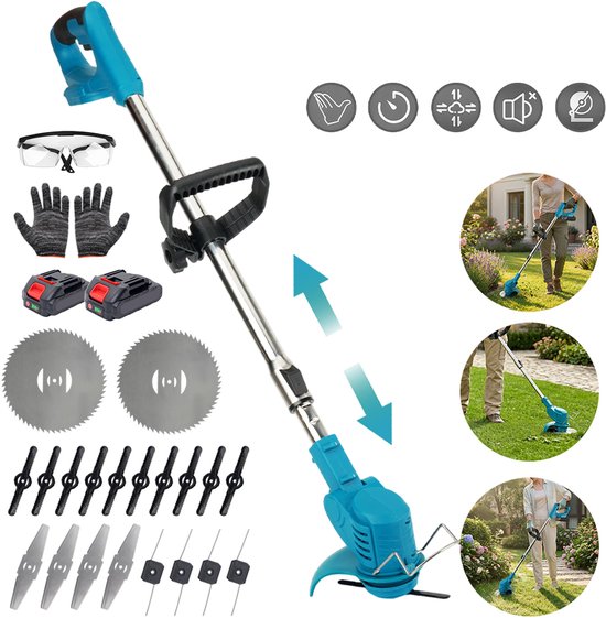 Draadloze Grasmaaier Van 800W - 90° Draaibare Kop Telescopische Steel - 2x 1500 mAh Accu's - 4 Messen Dubbele Veiligheidsschakelaar - Blauw