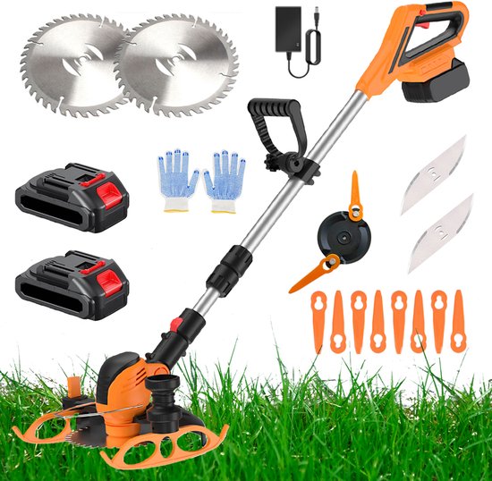 Draadloze Grastrimmer - Elektrische Bosmaaier en Kantenmaaier - 3 Soorten Messen - Verstelbare Maaikop 0-90° - Telescopische Steel 99,8-129,8 cm - 2x 3000mAh Accu - Voor Gazon, Randen en Tuinonderhoud