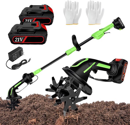 Draadloze Grondfrees - Mini Tuinfrees - Onkruid Bestrijden - Met 2 Accu's - 10cm Breedte - Zwart Groen van Merkloos	