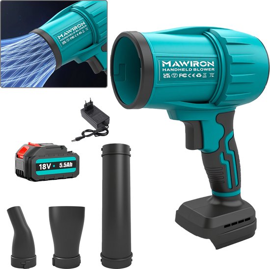 Draadloze hand‑bladblazer 18V, krachtige accublazer met 3‑verwisselbare spuitmonden en 5500 mAh‑accu voor tuin, garage en binnenshuis‑reiniging