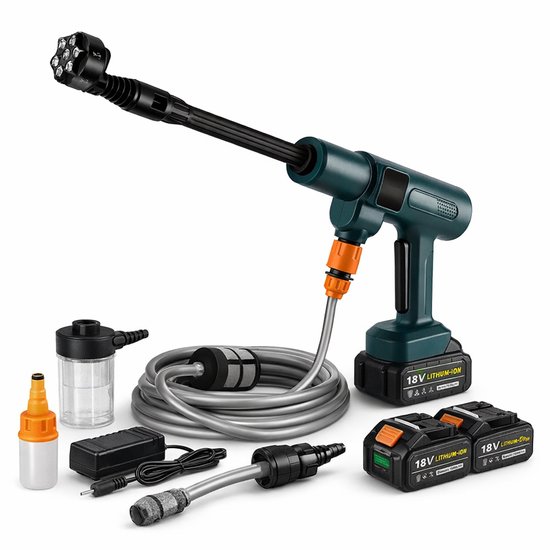 Draadloze Hogedrukreiniger 18V – 200 Bar – 6-in-1 Mondstuk – Inclusief 5M Slang & Waterfilter – Accu Waterdrukreiniger voor Auto, Tuin & Terras van Merkloos	