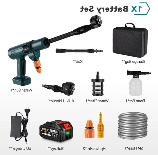 Draadloze Hogedrukreiniger - 200 Bar - 3500W Brushless Motor - Draagbare Ontwerp - 6-in-1 Spuitmond - Voor Auto - Tuin en Terras - Gebruiksvriendelijk - 1 Accu's met 1 Lader van Merkloos	
