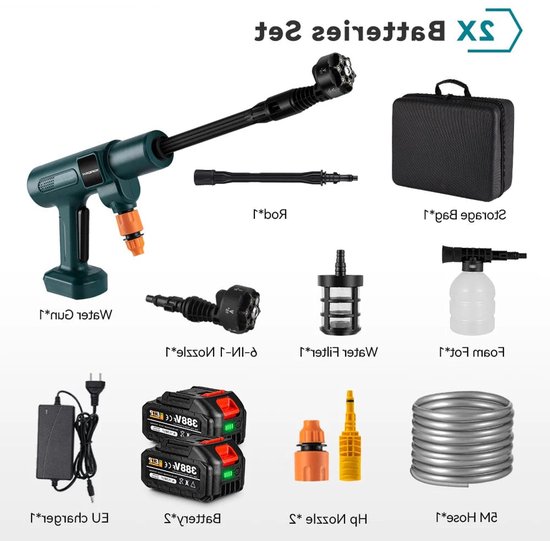 Draadloze Hogedrukreiniger - 200 Bar - 3500W Brushless Motor - Draagbare Ontwerp - 6-in-1 Spuitmond - Voor Auto - Tuin en Terras - Gebruiksvriendelijk - 2 Accu's met 1 Lader van Merkloos	