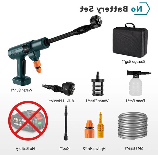 Draadloze Hogedrukreiniger - 200 Bar - 3500W Brushless Motor - Draagbare Ontwerp - 6-in-1 Spuitmond - Voor Auto - Tuin en Terras - Gebruiksvriendelijk - Zonder Accu van Merkloos	