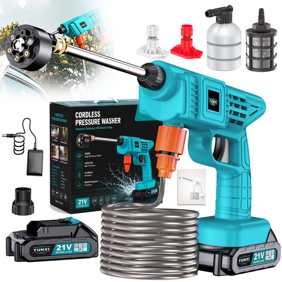 Draadloze Hogedrukreiniger 200W - 1450 PSI - Oplaadbaar via 21V Lithium Accu - Met Accessoires voor Auto, Tuin en Terras-1 stuk batterij + meerdere accessoires.