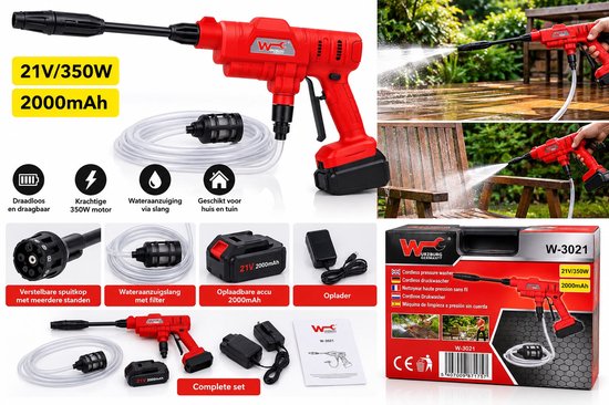 Draadloze Hogedrukreiniger 21V- 350w- 2000mAh Accu- Mobiele Accu Drukreiniger