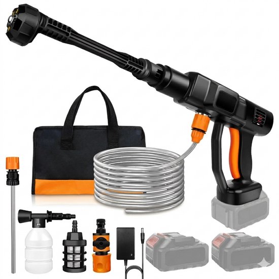 Draadloze Hogedrukreiniger 21V 45 Bar 270 L/u met 6-in-1 Mondstuk en 5 Meter Slang - Accu Hogedrukspuit voor Auto Tuin Fiets Boot - Borstelloze Motor - 3,0 Ah Accu