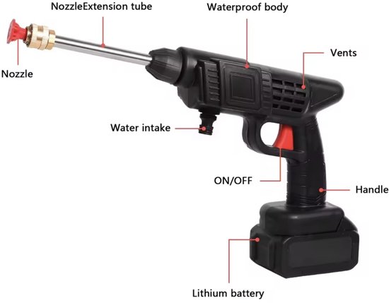 Draadloze Hogedrukreiniger 24V – Accu Spuitpistool met 2 Accu’s, 200W, 5600mAh – Incl. Sproeikoppen, Foamfles van Nordevik