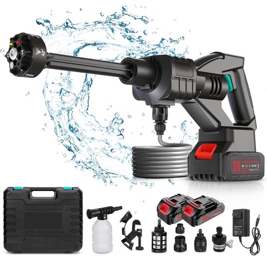 Draadloze hogedrukreiniger, 40 bar draagbare hogedrukreiniger met 1500mAh batterij, 6-in-1 multi-sproeimondstuk 5M slang voor auto, terras, tuin, hek, zwembad van Merkloos	