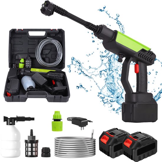 Draadloze Hogedrukreiniger 45BAR - Met 2x 1500mAh Accu's & 6-in-1 Multifunctionele Mondstuk - 5M Slang met Filter - Krachtige 22000 RPM Motor - Voor Auto, Terras, Tuin, Hek & Zwembad - Inclusief Schuimlans en Draagtas van VorexTech