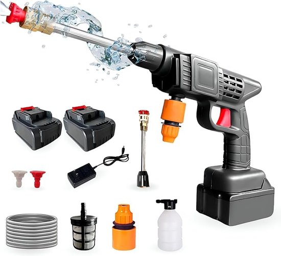 Draadloze Hogedrukreiniger 48V – Accu Hogedrukspuit 500 PSI / 35 Bar – Met 2 Batterijen – 10m Slang & Mondstukken – Voor Auto, Tuin en Terras van Merkloos	