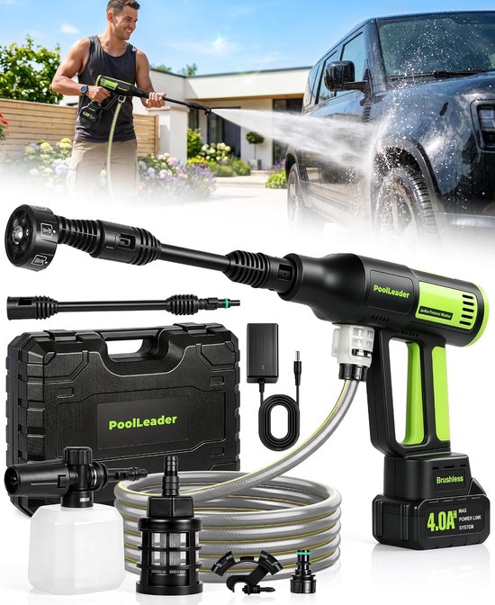 Draadloze Hogedrukreiniger 50 Bar - Accu Hogedrukspuit met Borstelloze Motor - LCD-Display - 6-in-1 Mondstuk - 5 Meter Waterslang - Voor Auto, Terras en Tuin