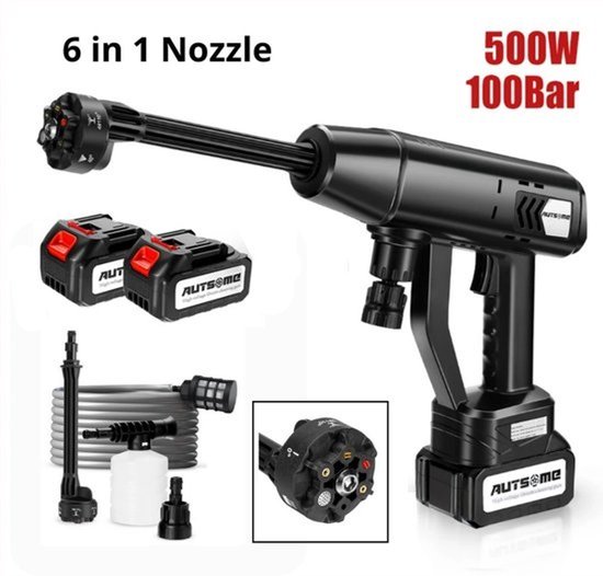 Draadloze Hogedrukreiniger - 6 in 1 Nozzle - Inclusief 2 accu's - 100 Bar Werkdruk - 500w - Met Alle Bijbehorende Accessoires - Zwart
