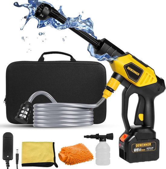 Draadloze Hogedrukreiniger 650PSI - 25V 3000mAh met 6-in-1 Verstelbaar Mondstuk voor Auto, Hek, Vloer en Terrasreiniging van Merkloos	
