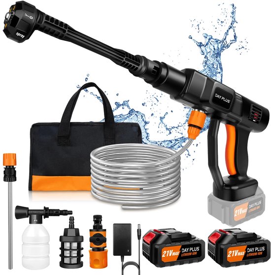 Draadloze Hogedrukreiniger - Accu Spuitpistool 21V - 6-in-1 Mondstuk - Autowasser - Tuinreiniger - Met 2 Batterijen 6.0Ah - Incl. Schuimfles - Slang met Filter - Hogedrukspuit - Draagbare Waterreiniger - Elektrisch Reinigingsapparaat van Hofftech