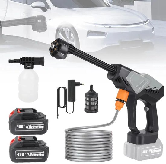 Draadloze hogedrukreiniger batterij 21V, 65 bar, auto hogedrukreiniger met 5 m slang en 6-in-1-sproeiers, 2 batterijen, elektrisch waterstraalpistool van Merkloos	
