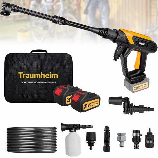 Draadloze hogedrukreiniger, draagbare accu hogedrukreiniger met 2×4000mAh accu (8000mAh), 6-in-1 sproeikop + roterende sproeikop, 17-delige set voor auto, tuin, terras en hek