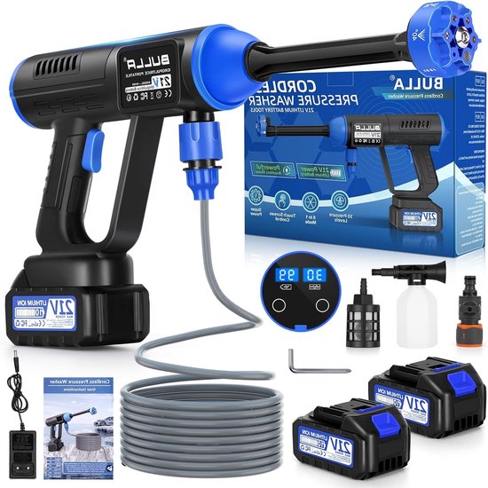 Draadloze Hogedrukreiniger – Hogedrukpistool Accu – Hogedrukspuit Zonder Snoer – Accu Hogedrukreiniger – Mobiele Hogedrukreiniger – 6-in-1 Multifunctioneel Mondstuk – 2 × 4000 mAh Batterijen – 30 Instelbare Drukniveaus Met Touchscreen van Merkloos	
