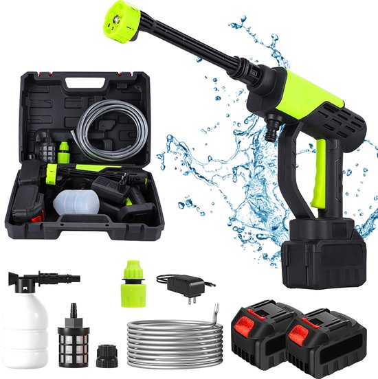 Draadloze Hogedrukreiniger met 2 Accu's - 6-in-1 Multifunctioneel - 22000 RPM voor Krachtige Reiniging - 5m Slang met Filter - Inclusief Schuimlans en Opbergkoffer - Voor Auto, Terras, Gevel & Tuin