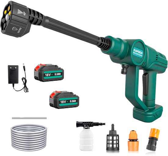 Draadloze hogedrukreiniger met 2 accu's, draagbare handhogedrukreiniger met borstelloze motor, 6-in-1 mondstuk voor het reinigen van auto's, erven, schuttingen en muren. van Merkloos	