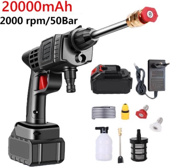 Draadloze Hogedrukreiniger - Met Accu en Oplader - 20000mAh - Hoge Druk Reiniger - Instelbaar - 50 BAR - Inclusief Waterslang - Zwart van Kuda
