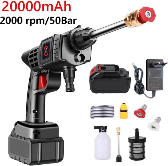 Draadloze hogedrukreiniger - met accu en oplader - 20000mAh -hoge druk reiniger - instelbaar - 50 BAR - inclusief waterslang van Merkloos	