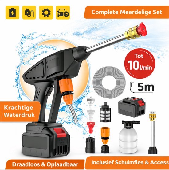 Draadloze Hogedrukreiniger met Accu – Krachtige Waterreiniger voor Auto, Terras & Tuin – Complete Set, Meerdelig van Merkloos	
