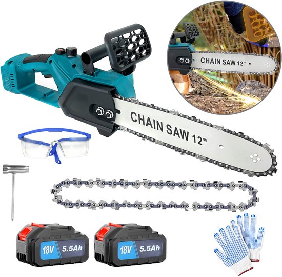 Draadloze kettingzaag van 30 cm, elektrische kettingzaag met 2 oplaadbare accu's van 5500 mAh, krachtige handzaag voor het snoeien van bomen en het zagen van hout, perfect tuingereedschap voor dikke takken en stammen. van Merkloos	