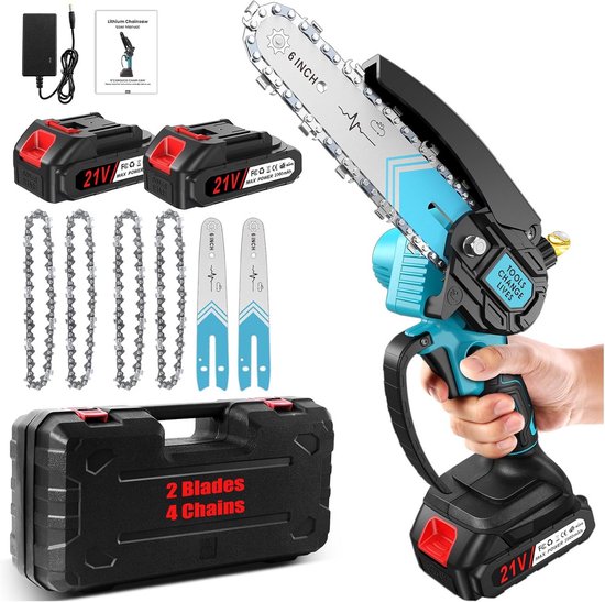Draadloze Mini Kettingzaag 6 Inch - 4000 mAh batterij en 4 kettingen voor Hout en Takken van Merkloos	