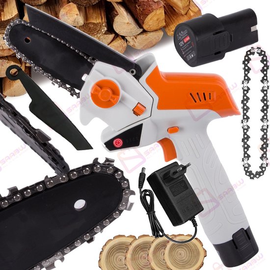 Draadloze Mini Snoeizaag 12V - Accu Kettingzaag 4 Inch - Lichtgewicht & Veiligheidsslot - Incl. Accu en Oplader - takkenzaag - boomzaag - kettingzaag - kettingzaag electrisch - boomzaag elektrische - 54124 van VONROC