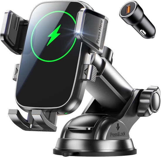 Draadloze oplader voor mobiele telefoon - 15 W snel opladen - draadloze autolader montage - verbeterde zuigkracht auto draadloze oplader voor dash/windshield voor iPhone 16/15 Pro Max - Galaxy S25 van Merkloos	