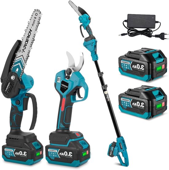 Draadloze telescoop snoeischaar en kettingzaag set, 4-in-1 met 2 x 3.0 Ah accu's, 20 cm zaagblad en 30 mm snoeicapaciteit, werkhoogte tot 4,2 m voor tuinonderhoud en snoeien