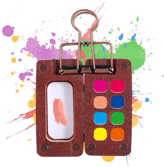 Draagbaar schetsboek, palet, mini-houten palet, aquarel 8 vakken en ijzeren klemmen voor aquarelschilderen, olieverfschilderijen, kleurenmix van Merkloos	