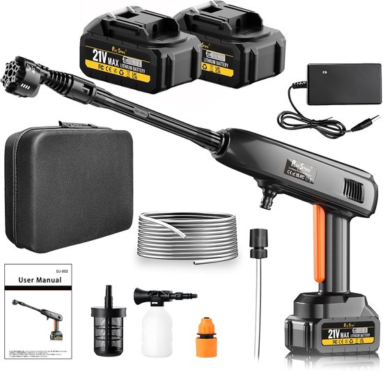 Draagbare draadloze hogedrukreiniger - 2 stuks batterijen 1200PSI 336l/h - draadloze hogedrukreiniger werkt op batterijen - 6-in-1 mondstuk - verstelbaar schuimkanon voor auto tuin