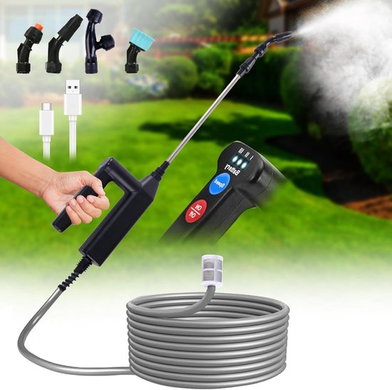 Draagbare elektrische drukspuit voor de tuin met 5 m slang, 4 spuitmonden en telescopische steel voor optimale besproeiing en gebruiksgemak