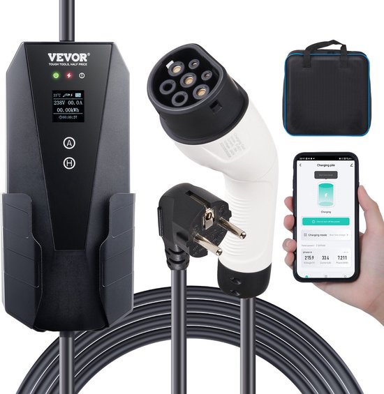 Draagbare Ev-Oplader - Laadkabels - 16A - 3,68 Kw - 1-Fase - Met LCD -Scherm Oplader - IP66 Waterdichte Wallbox - 8,6 M Kabellengte - Voor Elektrische Voertuigen Ev-Oplaadkabel Type 2 (Iec62196) Cee 7/7-Stekker Ev-Oplader van Maxxter.