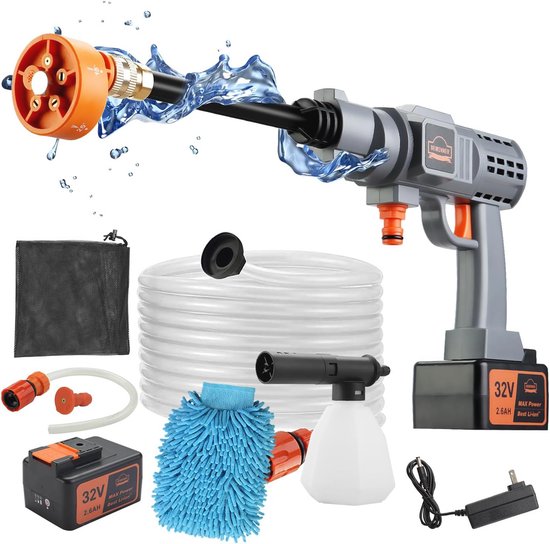 Draagbare hogedrukreiniger met 2,6 Ah accu - 6-in-1 sproeiers voor auto, tuin en terras van Merkloos	