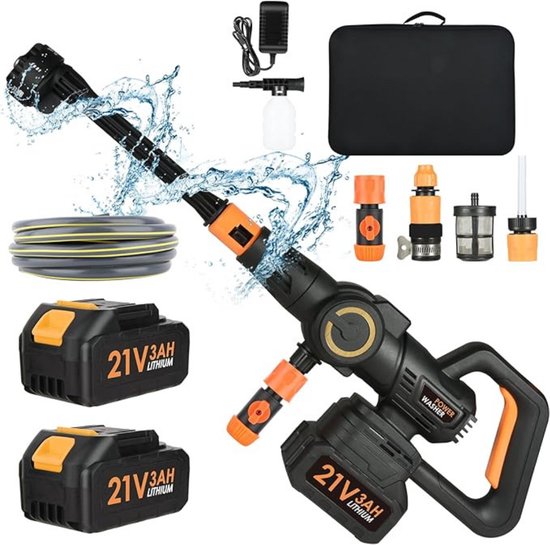 Draagbare Hogedrukreiniger – Met Accu – Hogedrukspuit – Draagbaar – Inclusief Batterij – Complete Set – Professioneel Design – Zwart/Oranje van Fiyo