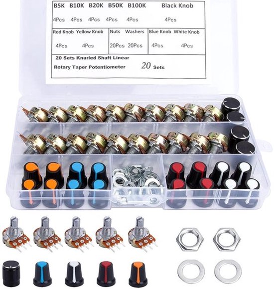 Draaipotentiometer Lineaire potentiometer B5K B10K B20K B50K B100K Ohm 3-pins verstelbaar met handgrepen moer sluitring 20 sets