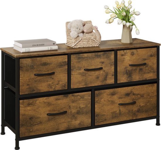 Dressoir Kasten - Dressoir Tv Kast - 5 Lades - Slaapkamer Dressoirs - Kledingkast - Rustiek Bruin met Zwart