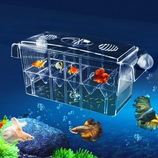 Drijvende 4-in-1 visbak - grote inhoud - transparant - met deksel en zuignappen - isolatiebox voor aquarium - 27 x 11,5 cm - aquariumaccessoires van Merkloos	