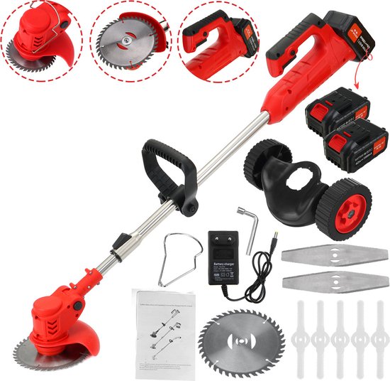 DrillPro Grastrimmer-Oplaadbare Draadloze Elektrisch Grastrimmers-Draaibaar Grasmachine-Grasmaaier-Grasmaaier-Instelbare steel-42V met 2 Accu-voor Tuin Gazon Trimmen-Rood van Merkloos	